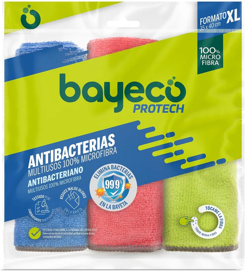Bayeco ▫️ Pano antibacteriano Copptech - 100% microfibra - Tecnologia que elimina 99,9% das bactérias - Três cores - Limpeza máxima apenas com água - Embalagem multiusos 3 unid.
