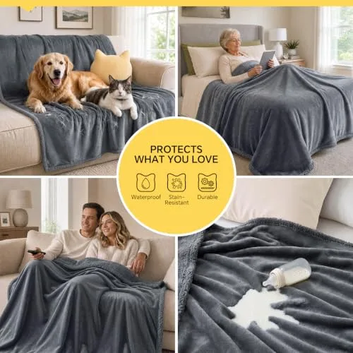 luciphia ▫️ Manta impermeável para animais de estimação, manta líquida à prova de urina para sofá, cama, manta protetora reversível com forro polar Sherpa para cães pequenos, médios e grandes, gatos, cinzenta 5