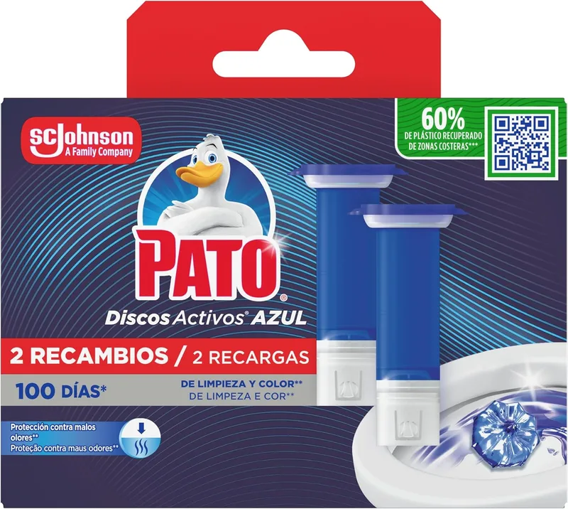 PATO ▫️ Discos Ativos para Sanita «Água Azul» dão uma cor azul à água, limpam, refrescam e perfumam a sanita, eficácia a 360°, 2 recargas = 12 discos
