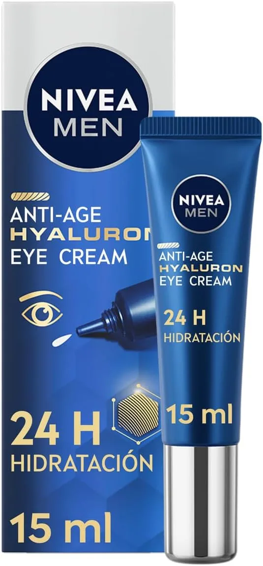 NIVEA MEN ▫️ Hyaluron Anti-Aging Eye Cream com Ácido Hialurónico (1 x 15 ml), creme antirrugas reafirmante da pele, creme de homem para uma pele com aspeto mais jovem.