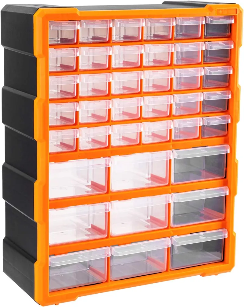 Amazon Basics ▫️ Organizador de ferramentas e materiais de artesanato para armário, fixável à parede, 39 gavetas, Preto, 38 L x 15,9 W x 47,3 H cm (comprimento x largura x altura)