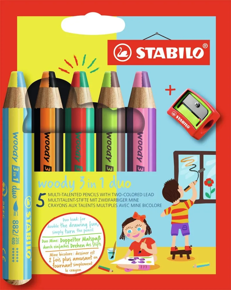 STABILO ▫️ Lápis de cor multifuncional - woody 3 em 1 duo - Mina bicolor - Embalagem de 5 - 10 cores e afiador