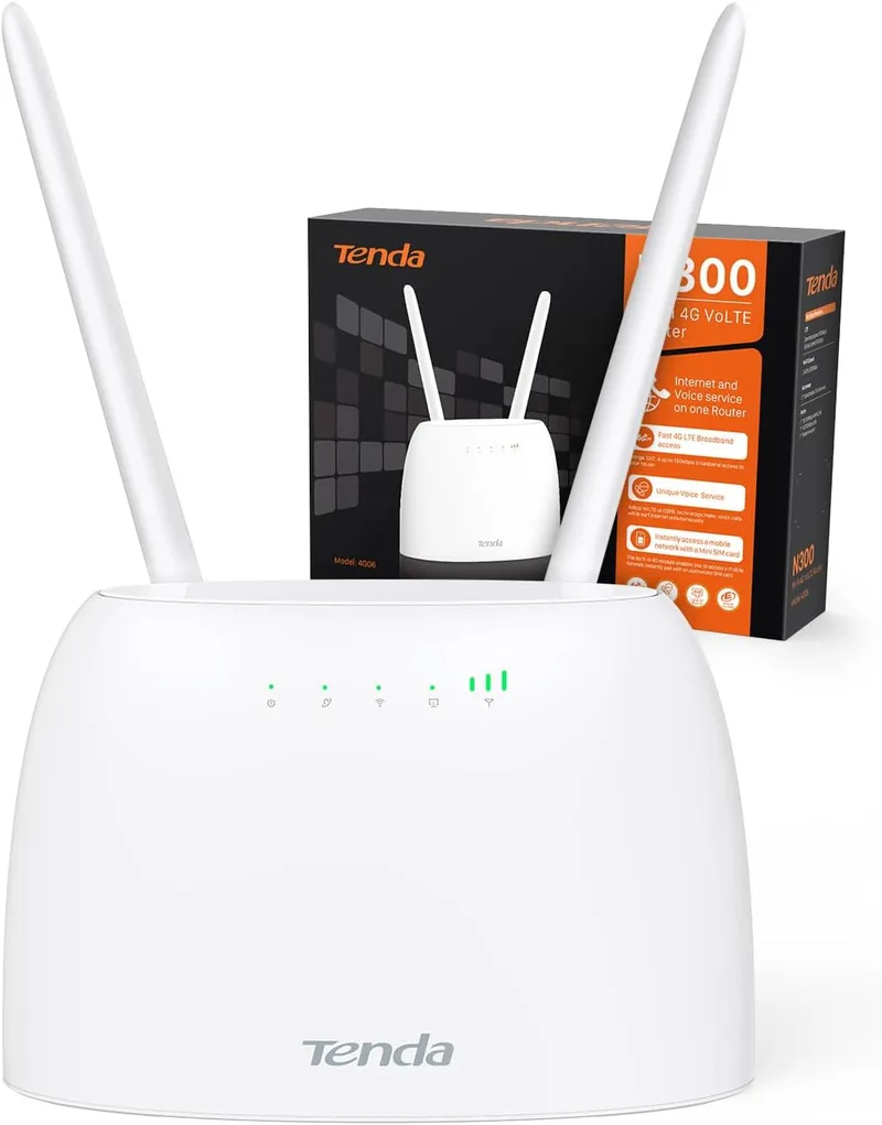 Tenda ▫️ 4G06-4G Volt Router, Router SIM WiFi com serviço de voz, CAT4, 2,4GHz Wi-Fi 300Mbps, porta RJ11/LAN/WAN, antena amovível, liga até 32 dispositivos, sem configuração