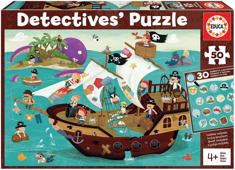 Educa ▫️ Detetives Piratas, Puzzle Infantil de 50 peças, Monta-o e procura os objetos escondidos, a partir dos 4 anos (18896)