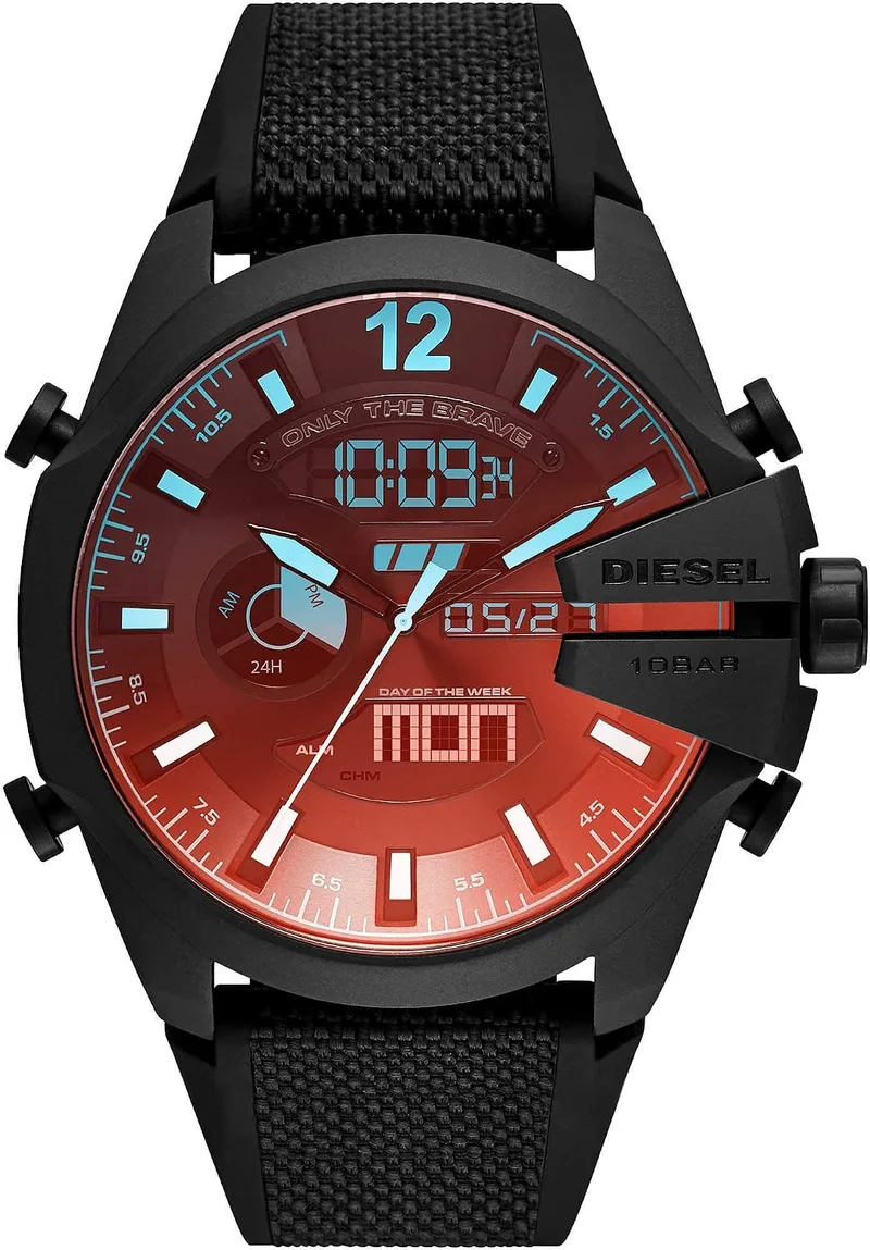 Diesel ▫️ Relógio Mega Chief para homem, movimento analógico-digital com bracelete em silicone, aço inoxidável ou pele
