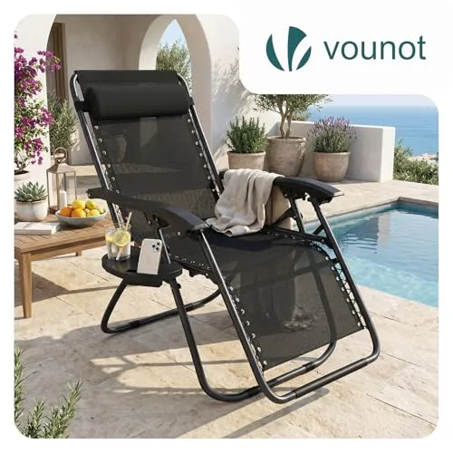 VOUNOT ▫️ ® Espreguiçadeira dobrável multiposição para jardim, cadeira reclinável com gravidade zero, com suporte para bebidas e encosto de cabeça removível, carga máxima de 120 kg, preta 2