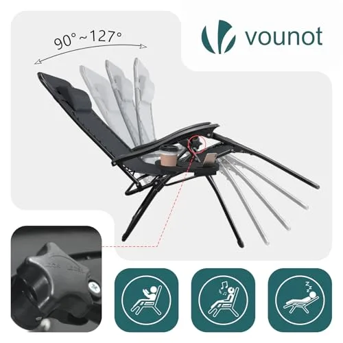 VOUNOT ▫️ ® Espreguiçadeira dobrável multiposição para jardim, cadeira reclinável com gravidade zero, com suporte para bebidas e encosto de cabeça removível, carga máxima de 120 kg, preta 4