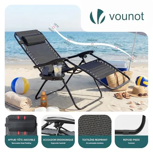 VOUNOT ▫️ ® Espreguiçadeira dobrável multiposição para jardim, cadeira reclinável com gravidade zero, com suporte para bebidas e encosto de cabeça removível, carga máxima de 120 kg, preta 5