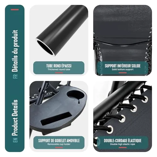 VOUNOT ▫️ ® Espreguiçadeira dobrável multiposição para jardim, cadeira reclinável com gravidade zero, com suporte para bebidas e encosto de cabeça removível, carga máxima de 120 kg, preta 6