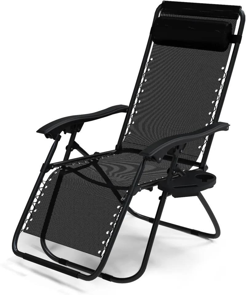 VOUNOT ▫️ ® Espreguiçadeira dobrável multiposição para jardim, cadeira reclinável com gravidade zero, com suporte para bebidas e encosto de cabeça removível, carga máxima de 120 kg, preta