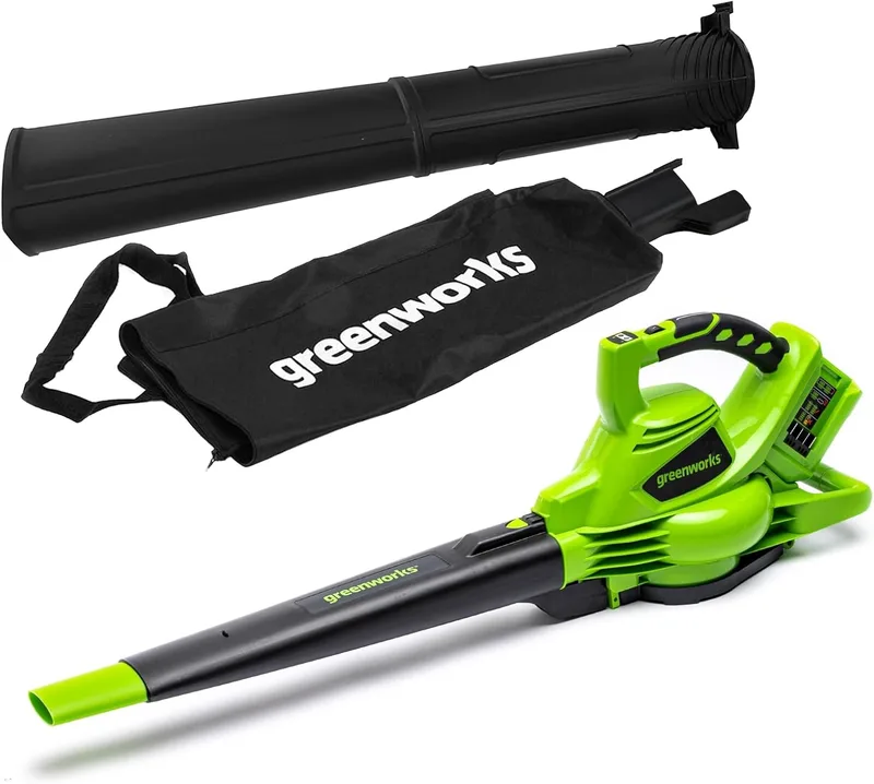 Greenworks ▫️ 48 V (24 V x 2) Soprador e aspirador de folhas a bateria com alça de ombro, motor sem escovas, 322 km/h, 9 m³/min, saco de recolha de 45 L. SEM duas baterias e carregador. Garantia de 3 anos GD24X2BV
