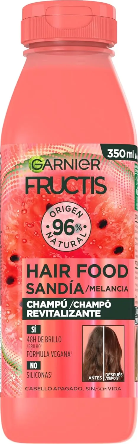 Garnier ▫️ Fructis Hair Food, Champô Revitalizante de Melancia, Limpa e Revitaliza, Para Cabelo Seco ou Sem Brilho, Fórmula Vegana, Sem Silicones, 350 ml