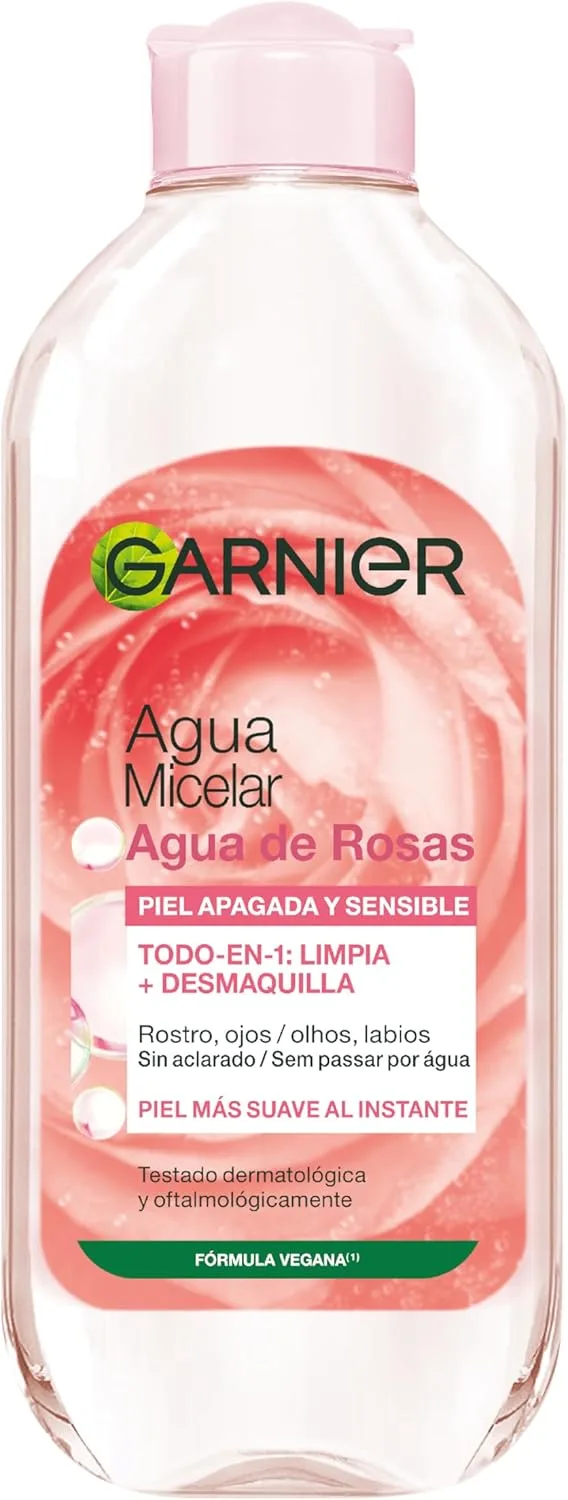 Garnier ▫️ Água Micelar com Água de Rosas Tudo-em-1 para peles baças e sensíveis - Pele instantaneamente mais suave - Hipoalergénica - Cruelty-Free International e Vegan 400 ml