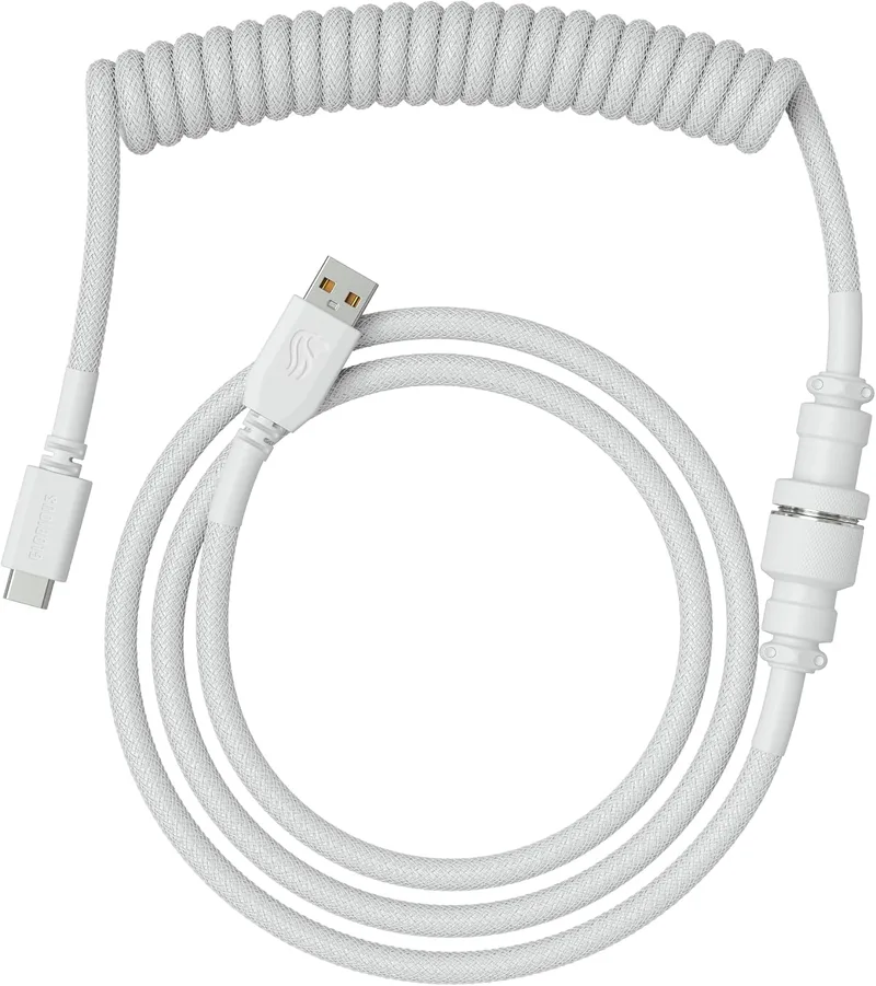 GLORIOUS ▫️ Cabo Espiral Premium Trançado para Teclados USB-C (Stealth) | Revestimento duplo altamente resistente, conector metálico tipo «aviador» de cinco pinos, formato anti-emaranhamento paralelo à secretária, para um ambiente organizado