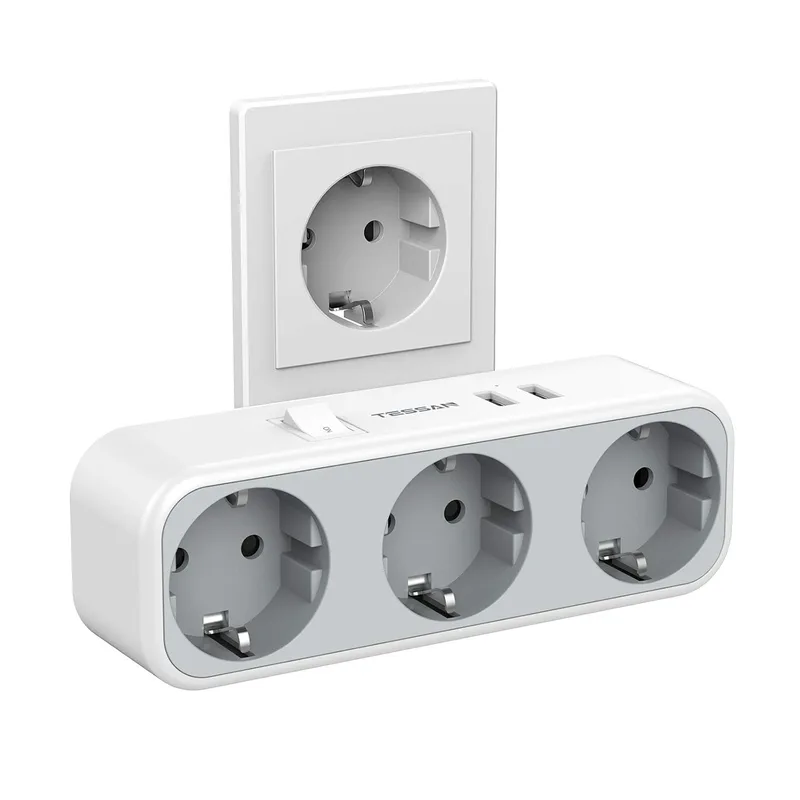 TESSAN ▫️ Ladrão de Tomadas USB, 5 em 1 Tomadas Múltiplas com 3 Tomadas de Energia, Carregador Múltiplo Triplo Compatível com Telefone, Faixa de Alimentação Multiplicadora para Casa Cinzento