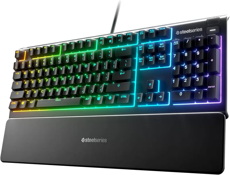 SteelSeries ▫️ Apex 3 - Teclado RGB para jogos - Iluminação RGB em 10 zonas - Resistência à água IP32 - Apoio para os pulsos magnético na parte superior - Teclado QWERTY nórdico