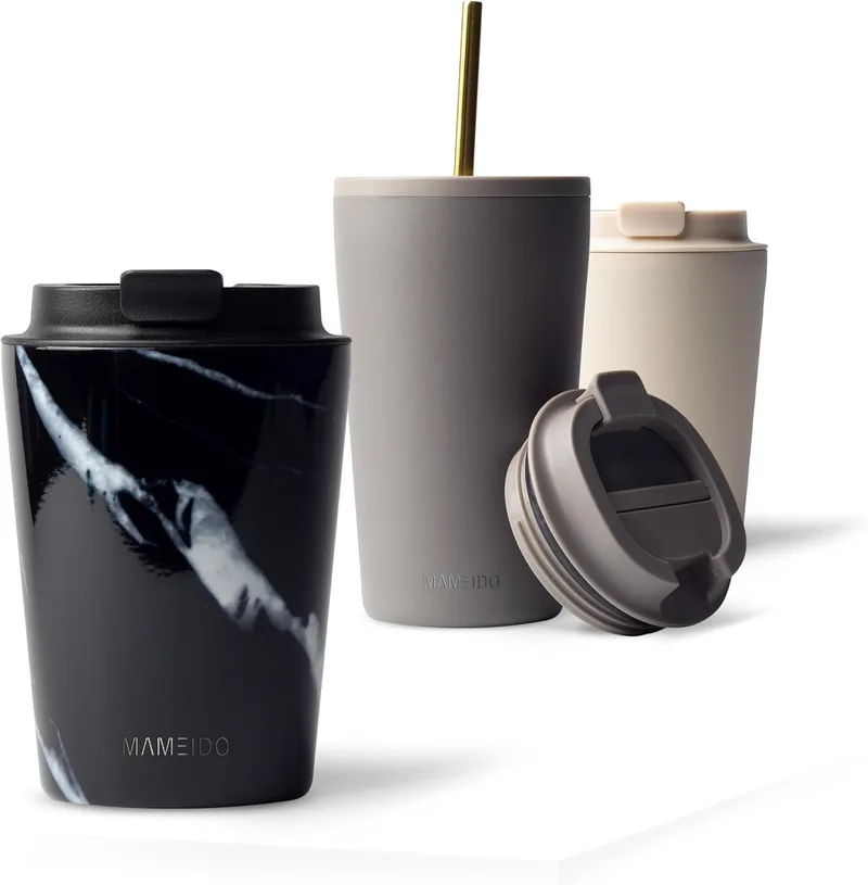 MAMEIDO ▫️ Caneca térmica de 350 ml, caneca térmica anti-gotejamento, caneca térmica de aço inoxidável sem BPA, caneca térmica para levar (mármore preto)
