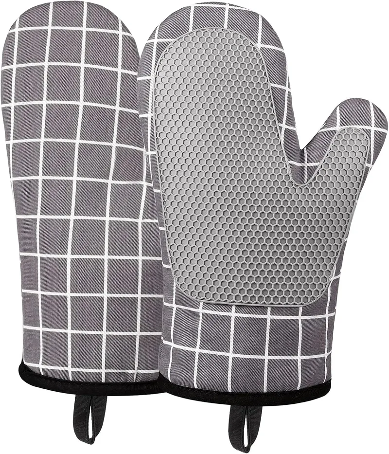 Micacorn ▫️ Luvas para forno, luvas de silicone e algodão resistentes ao calor, um par, design antiderrapante em silicone, para assar, cozinhar, churrasco, micro-ondas e grelhador (cinzento)