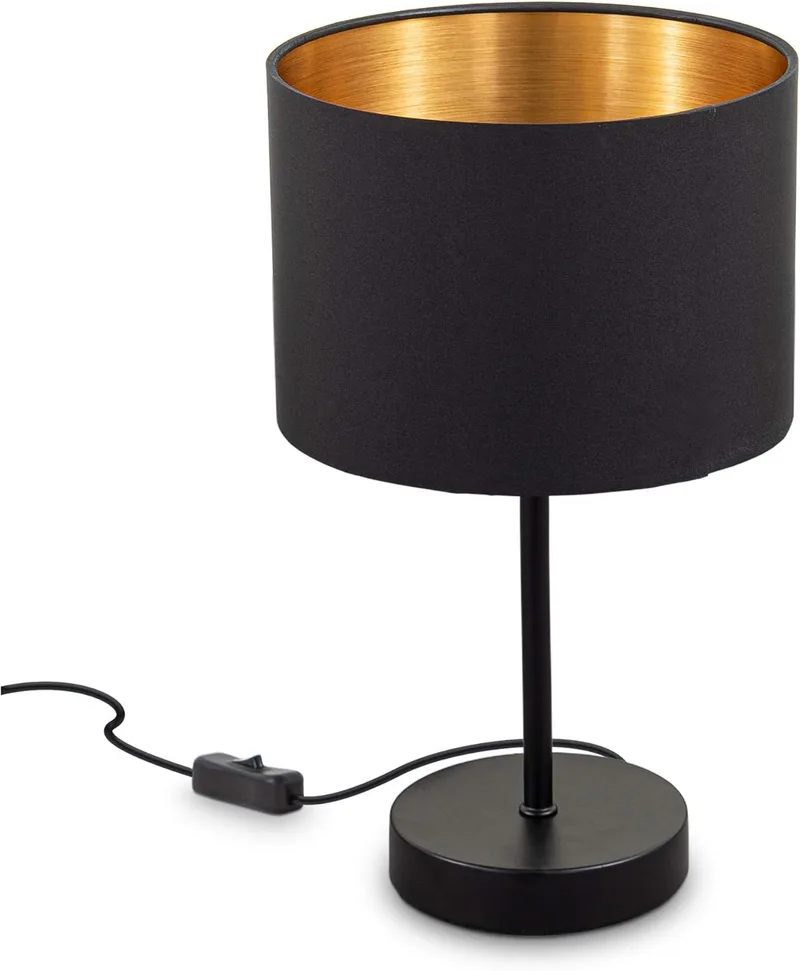B.K.Licht ▫️ Candeeiro de mesa LED com abajur em tecido, E27, com interrutor de cabo, 40W, candeeiro de mesa, candeeiro de cabeceira, candeeiro de mesa de cabeceira, candeeiro de leitura, candeeiro de secretária, preto-dourado