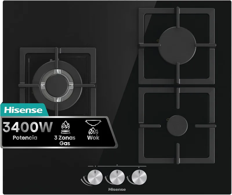 Hisense ▫️ GG633B - Placa a gás natural, 3 zonas, 60 cm, grelha em ferro fundido e vidro temperado preto, acendimento automático integrado nos botões de comando, sistema de segurança GasStop, limpeza fácil