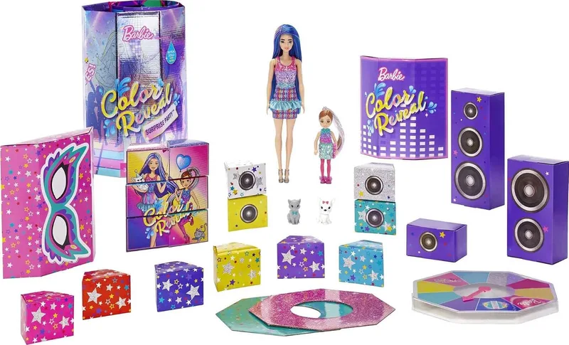 Barbie ▫️ Conjunto de festa Color Reveal para oferecer, bonecas-surpresa com acessórios e jogo de mesa (Mattel GXJ88)