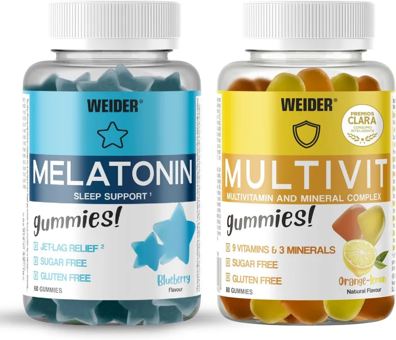 Weider ▫️ PACK Melatonina + Multivit (60+80 gomas). Pack Dia & Noite para o ajudar a enfrentar a sua vida quotidiana. Combate as insónias com 1mg de melatonina por goma + Fornece 9 Vitaminas e 13 Minerais.