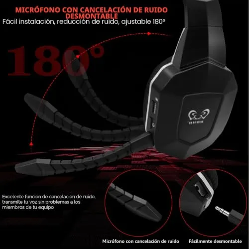 HUHD ▫️ Auscultadores sem fios de 2,4 GHz e Bluetooth para jogos, auscultadores sem fios para jogos para PS5/PS4, Switch e PC, com microfone removível com cancelamento de ruído e luz LED 4