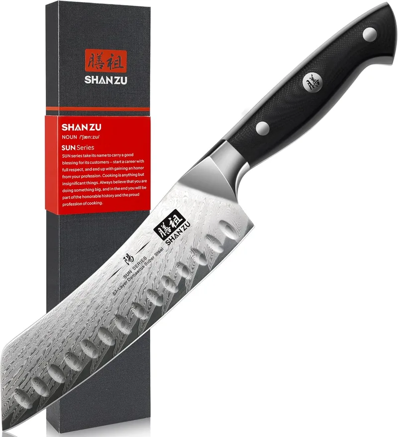 SHAN ZU ▫️ Faca Santoku Damasco de 18 cm, Faca de Cozinha Japonesa em Aço Damasco (AUS-10), Faca para Legumes com Cabo G10 Ergonómico para Cortar Carne, Legumes e Frutas - Série SUN