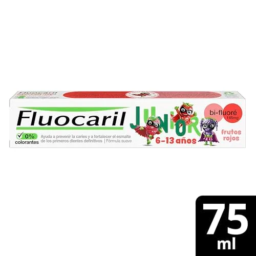 FLUOCARIL ▫️ Junior Bi-Fluoré 145 mg Pasta dentífrica anticárie com sabor a frutos vermelhos e esmalte reforçado, fortalece os primeiros dentes definitivos, eficácia clinicamente comprovada, 75 ml 2