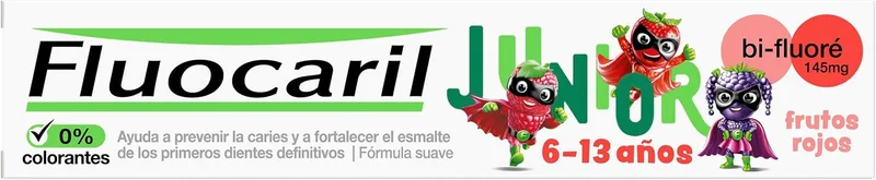 FLUOCARIL ▫️ Junior Bi-Fluoré 145 mg Pasta dentífrica anticárie com sabor a frutos vermelhos e esmalte reforçado, fortalece os primeiros dentes definitivos, eficácia clinicamente comprovada, 75 ml