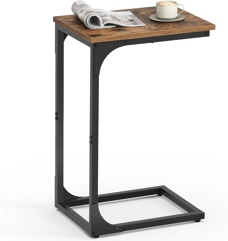 VASAGLE ▫️ Mesa de apoio mesa para sofá em forma de C, tabuleiro para TV, estilo industrial com estrutura metálica, para sala de estar, quarto, castanho rústico e preto LET350B01