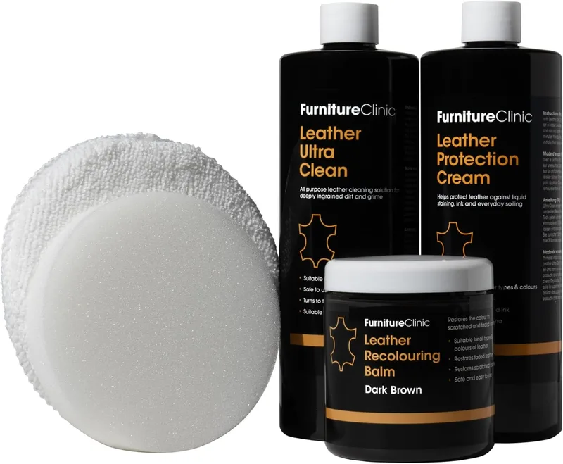 Furniture Clinic ▫️ Complete Leather Restoration Kit (Maroon) - Contém bálsamo reparador de couro, creme protetor, produto de limpeza, esponja e aplicador - Restaura e repara sofás, cadeiras, cadeiras e muito mais.