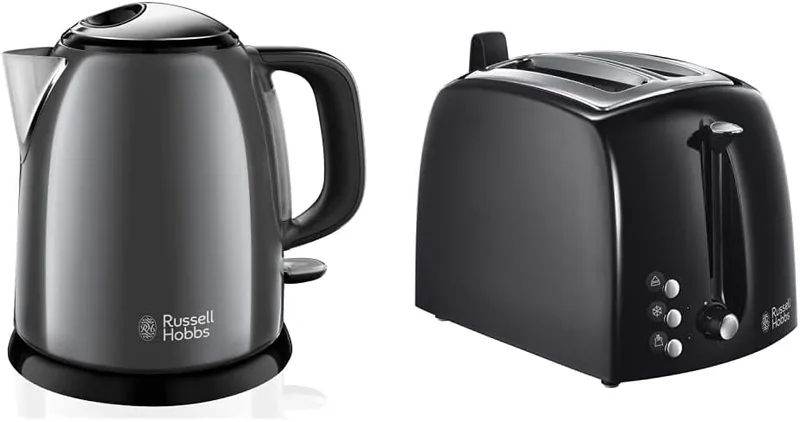 Russell Hobbs ▫️ Textures Plus - Torradeira (2 ranhuras largas, em plástico com detalhes em aço inoxidável, preta) - ref. 22601-56 + Colours Plus - Pequena chaleira elétrica
