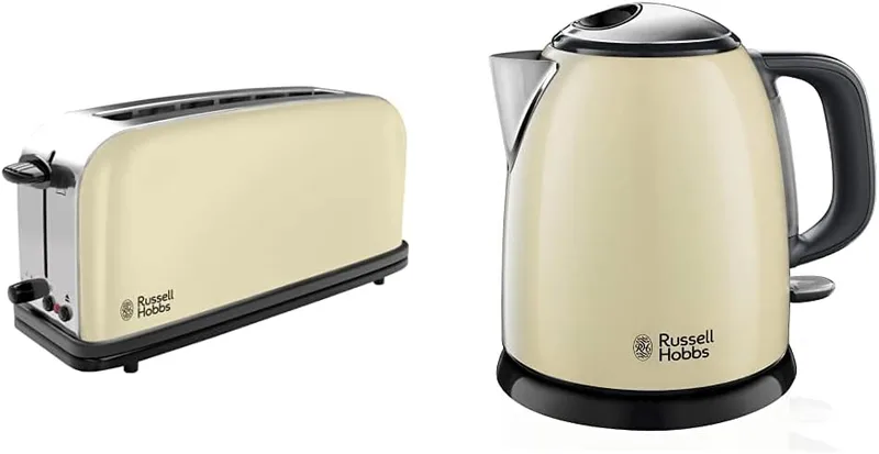Russell Hobbs ▫️ Colours Plus 21395-56 – Torradeira, ranhura longa e larga, para 2 fatias, aço inoxidável, creme + Colours Plus - Pequena chaleira elétrica