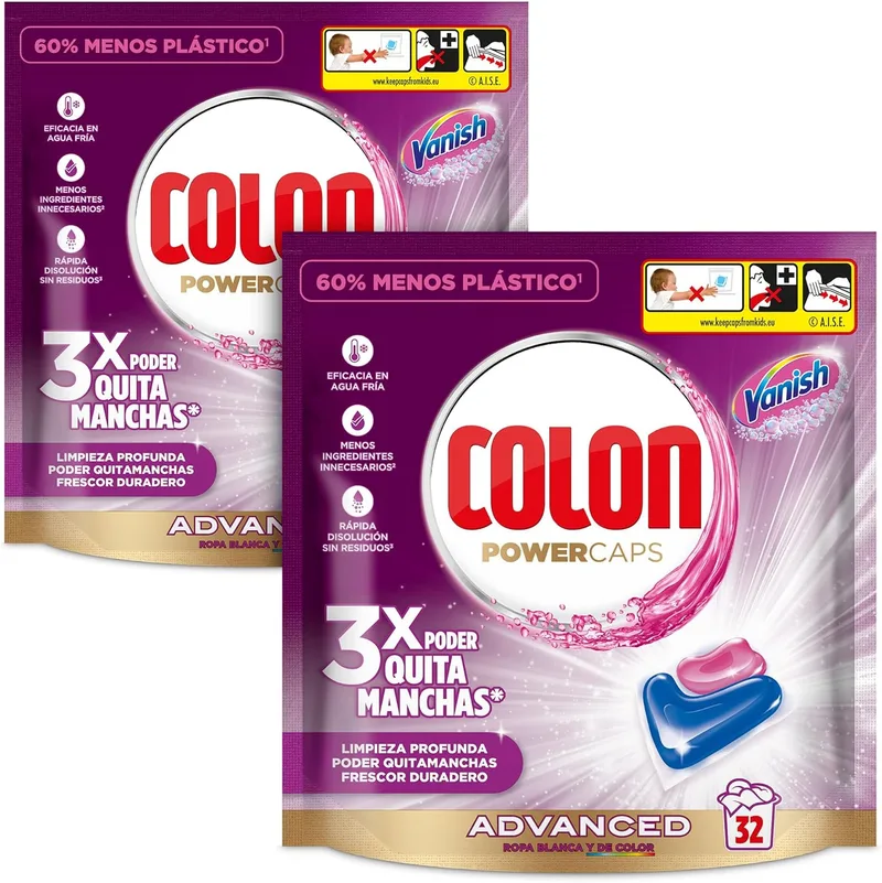 Colon ▫️ Vanish Advanced - Detergente para máquina de lavar roupa com removedor de manchas, adequado para roupa branca e de cor, em cápsulas - 32 unidades (embalagem com 2)