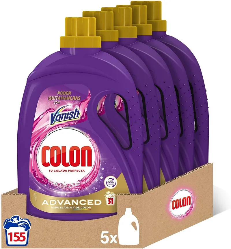 Colon ▫️ Vanish Advanced - Detergente para máquina de lavar roupa com tira-nódoas, adequado para roupa branca e de cor, em formato de gel - Embalagem de 5, 1,55 l Embalagem de 5, 155 doses