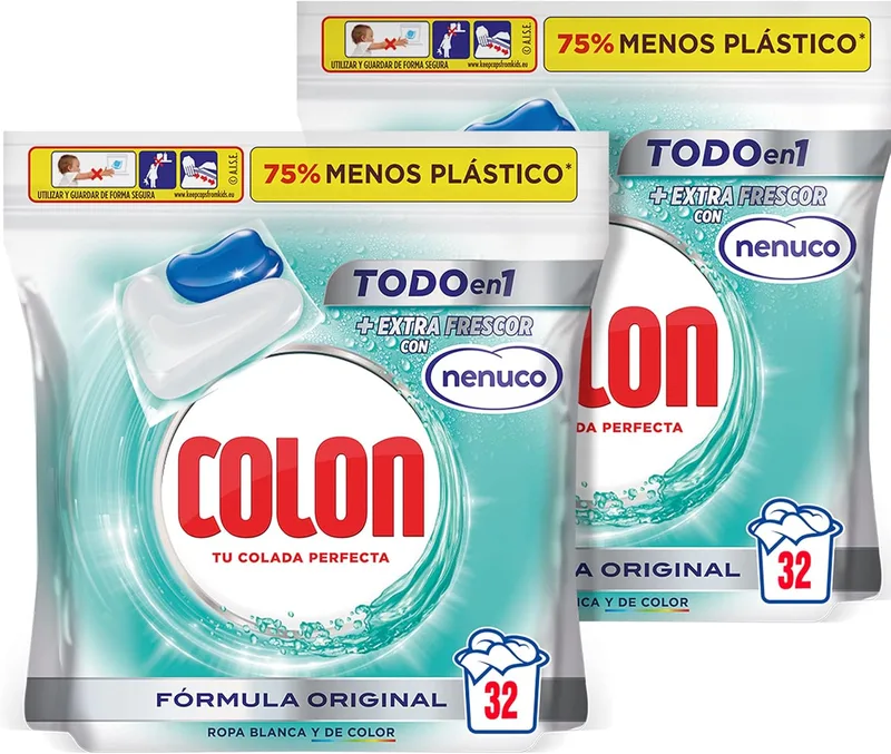 Colon ▫️ Nenuco Detergente para máquina de lavar roupa, adequado para roupa branca e colorida, em cápsulas, embalagem de 2, total de 64 doses