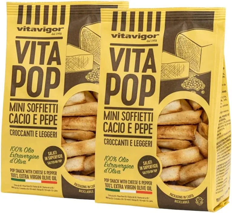 SASCD ▫️ VitaPop Snacks de Cacio & Pepe, Mini soffietti saudável e equilibrado com queijo e pimenta, saco de 120 g