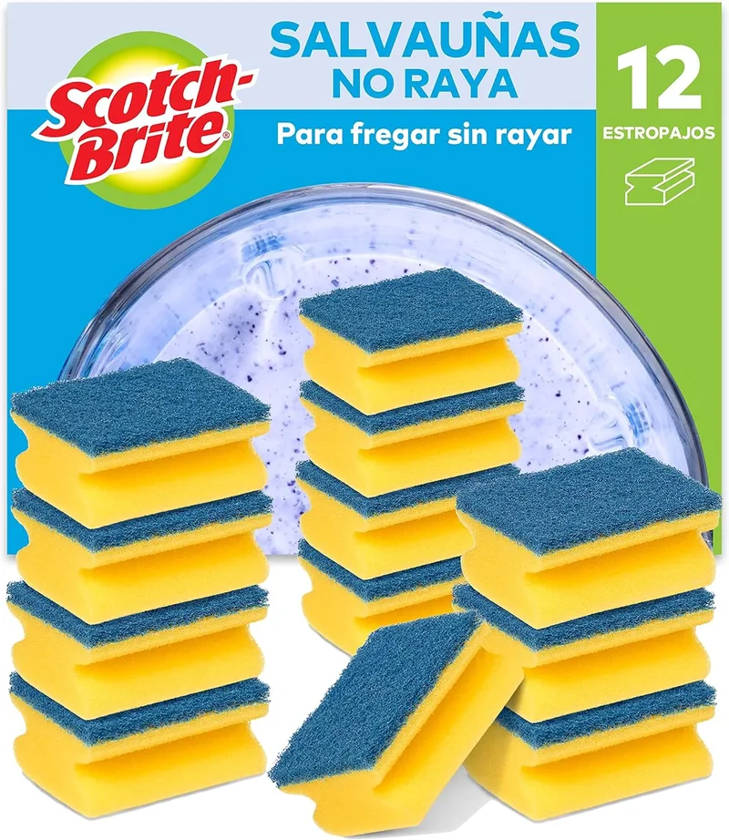 Scotch-Brite ▫️ Esponja de limpeza delicada anti-riscos. 12 esponjas por embalagem - Seguro para vidro e utensílios de cozinha antiaderentes.
