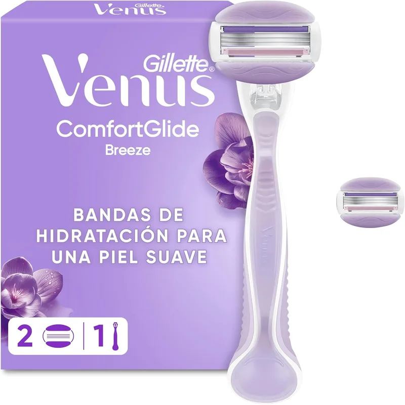 Gillette Venus ▫️ ComfortGlide Breeze Máquina de Depilação para Mulher + 2 Lâminas de Substituição, 3 Lâminas de Substituição Venus para uma depilação suave, precisa e duradoura () | 1 cabo ergonómico + 2 lâminas de barbear com 3 lâminas e barras de gel para uma depilação suave, precisa e duradoura