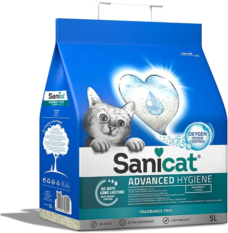 Sanicat ▫️ Areia para gatos Advanced Hygiene sem perfume | Superabsorvente | Produto de higiene para o seu animal de estimação | Elimina os maus odores | Capacidade de 5 L