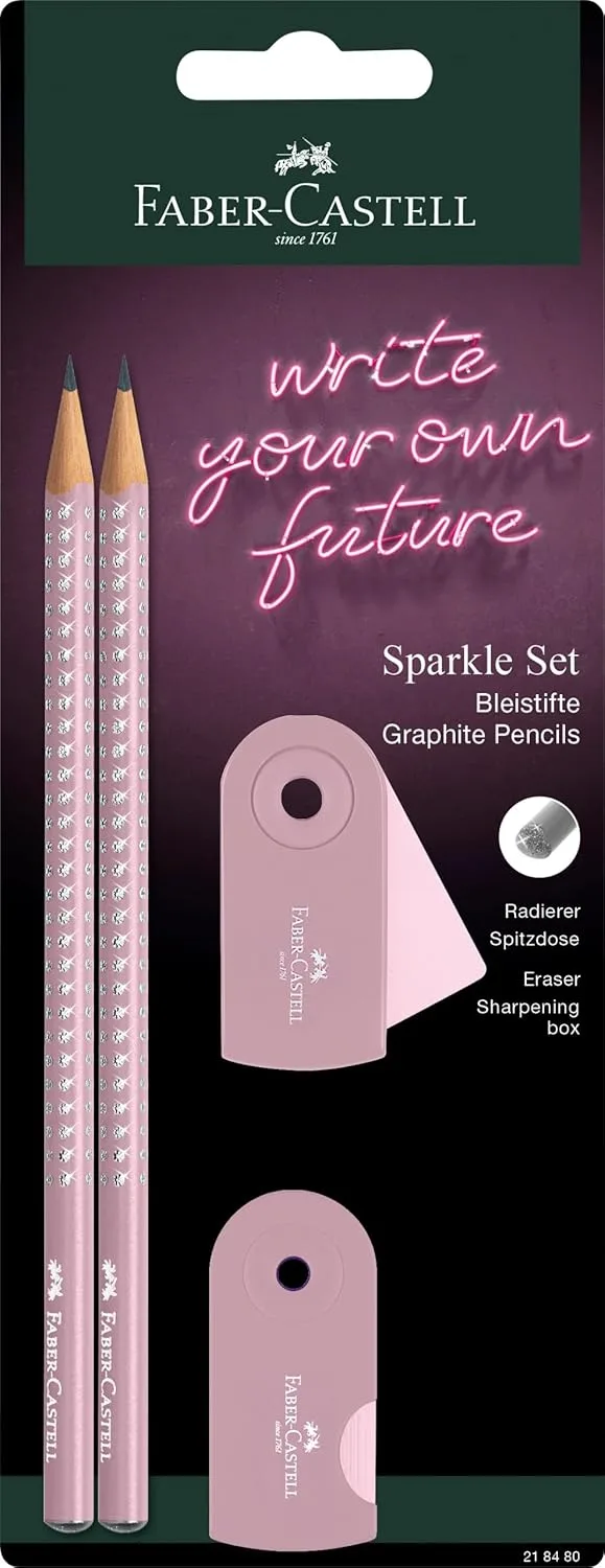 Faber-Castell ▫️ 218480 - Conjunto de lápis Sparkle, com apara-lápis, borracha e 2 lápis, conjunto de escrita Sleeve em cor-de-rosa