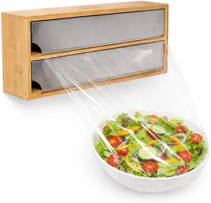 Quttin ▫️ Dispensador de película e folha de alumínio em bambu 33,5x13x5,5 cm Tamanho ideal Suporte para rolos de papel de cozinha - Dispensador de película e folha de alumínio Organizador de cozinha