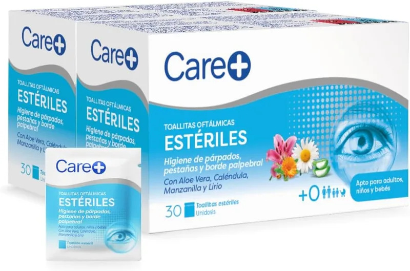 Care + ▫️ Care+ Toalhitas Oftálmicas Estéreis, higiene ocular, 60 toalhitas