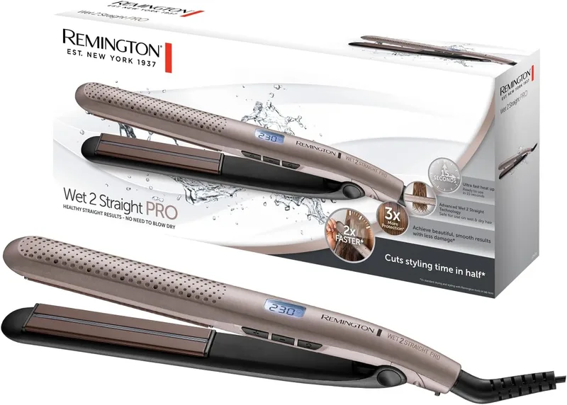Remington ▫️ Alisador de cabelo Wet2Straight Pro, tecnologia Wet2Straight, placas flutuantes extralongas, para cabelo húmido e seco, cerâmica, 10 níveis de temperatura até 230 °C, display digital, aquecimento em 15 s, S7970