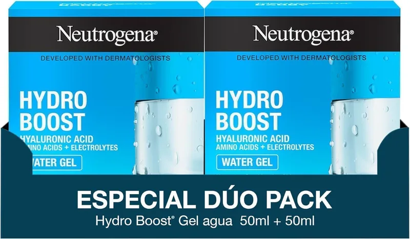 Neutrogena ▫️ Hydro Boost Water Gel (embalagem de 2 x 50 ml), gel hidratante facial com ácido hialurónico e aminoácidos, 72 horas de hidratação, fórmula não gordurosa, para pele normal a mista.