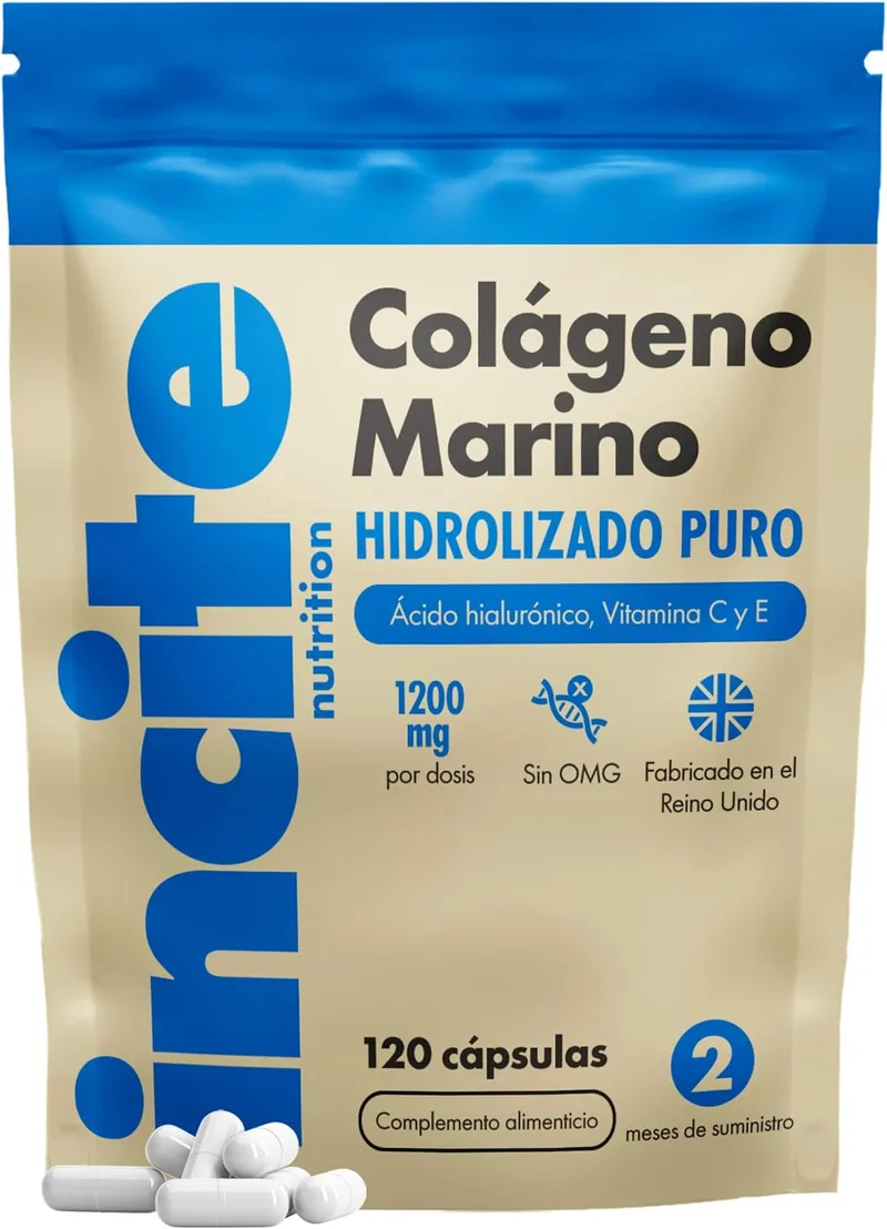 Incite Nutrition ▫️ Colagénio Marinho com Ácido Hialurónico em Cápsulas, Colagénio Hidrolisado Puro Tipo 1, 1200 mg com Vitaminas C, E, B12, Zinco, Cobre e Iodo, 120 Cápsulas