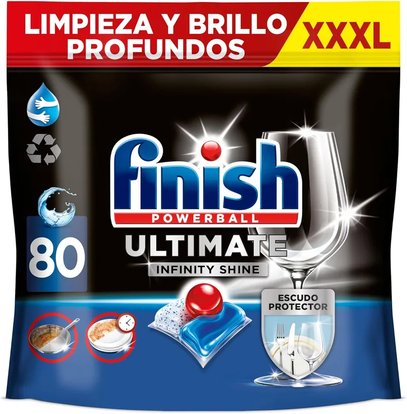 Finish ▫️ Powerball Ultimate Infinity Shine, pastilhas para máquina de lavar loiça com poder de remoção de gorduras e proteção de vidros, 80 pastilhas