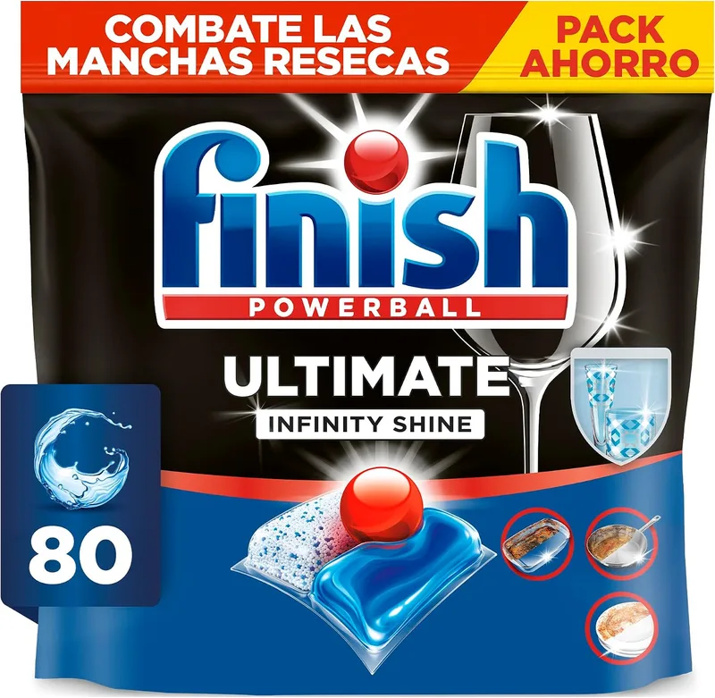 Finish ▫️ Powerball Ultimate Infinity Shine, pastilhas para a máquina de lavar louça com poder desengordurante e proteção para o vidro, 80 pastilhas