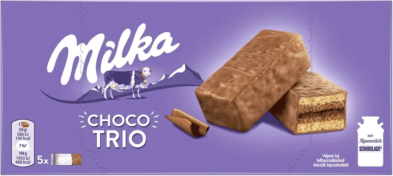 Milka ▫️ Choco Trio, Pão de ló de cacau com cobertura de chocolate de leite Alpine, 150g
